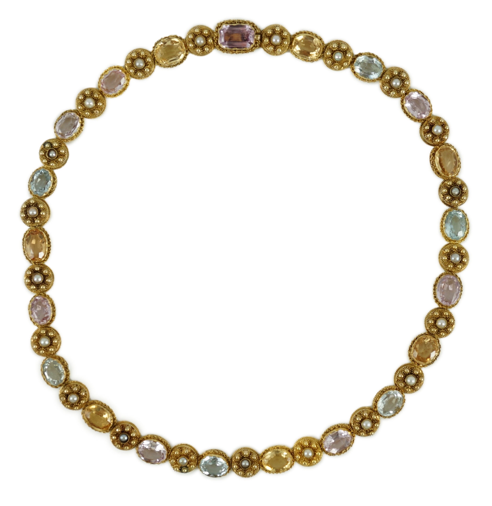 A 19th century gold, pink topaz, seed pearl, citrine and aquamarine set choker necklace